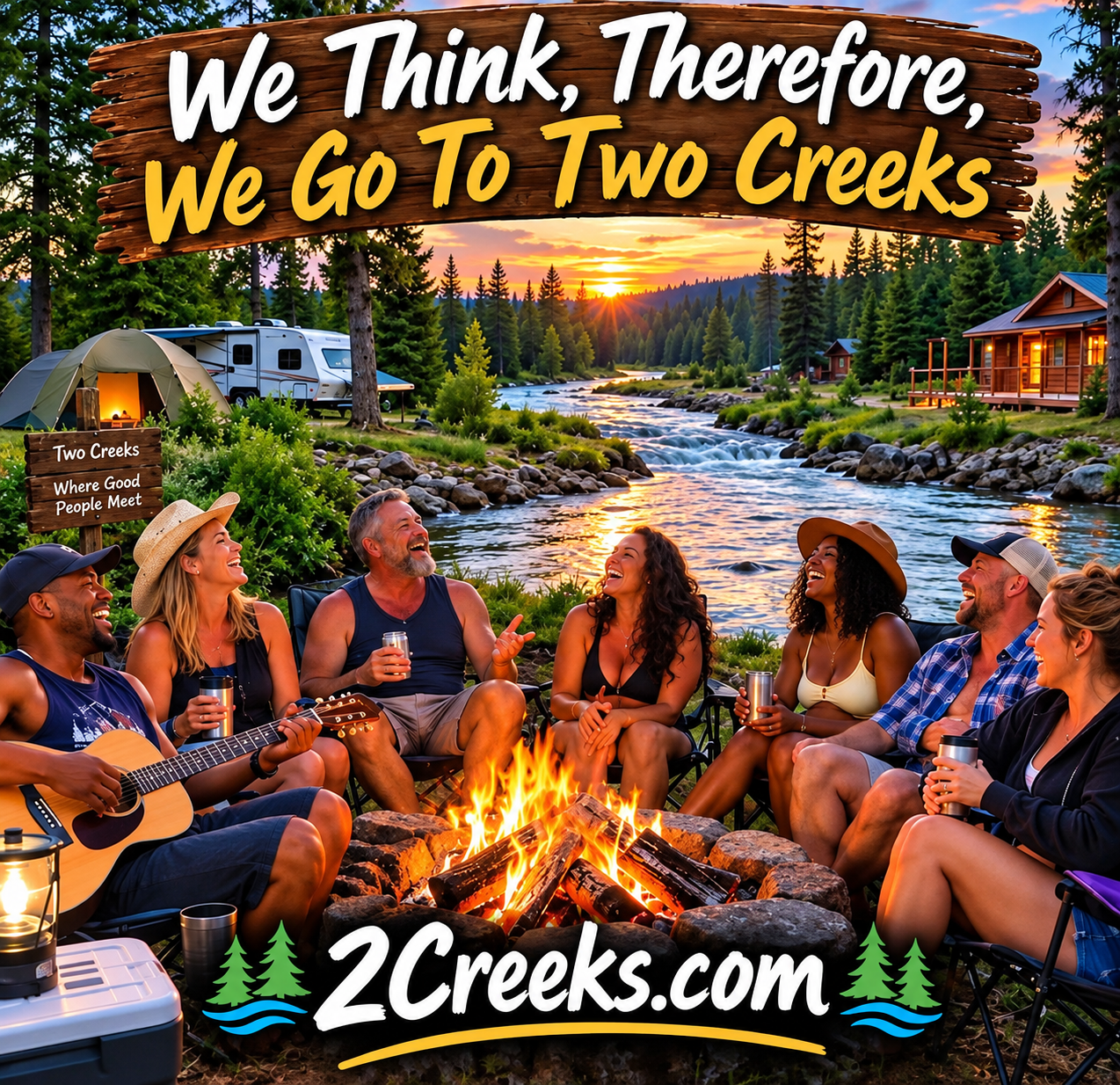 We Think, Therefore, We Go To Two Creeks — adults enjoying a campfire beside the creeks, with a tent, RV, cabin and 2Creeks.com